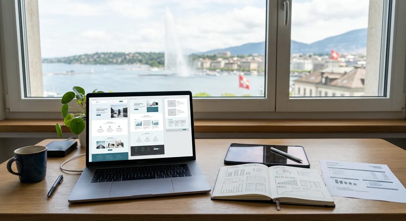 Bureau moderne à Genève avec ordinateur et éléments de devis pour la création d'un site web