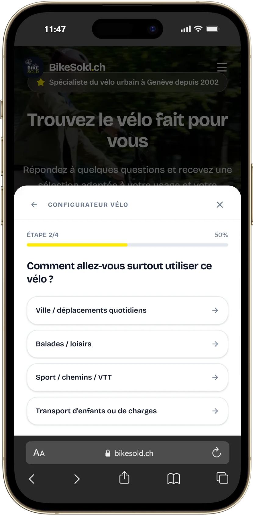 BIKE SOLD sur mobile : Configurateur
