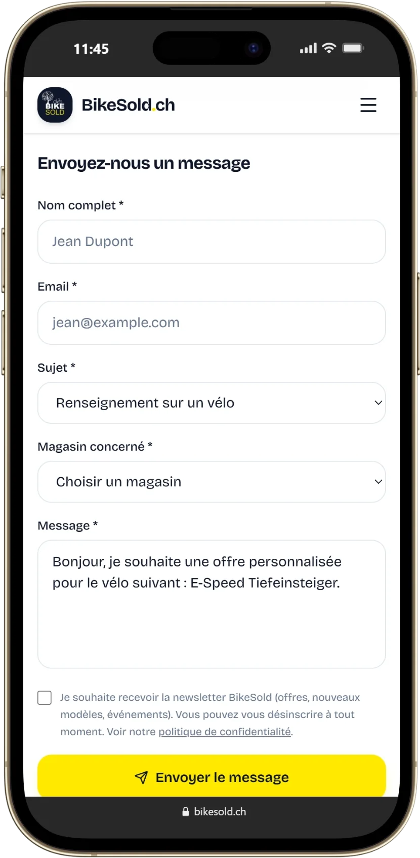 BIKE SOLD sur mobile : Contact