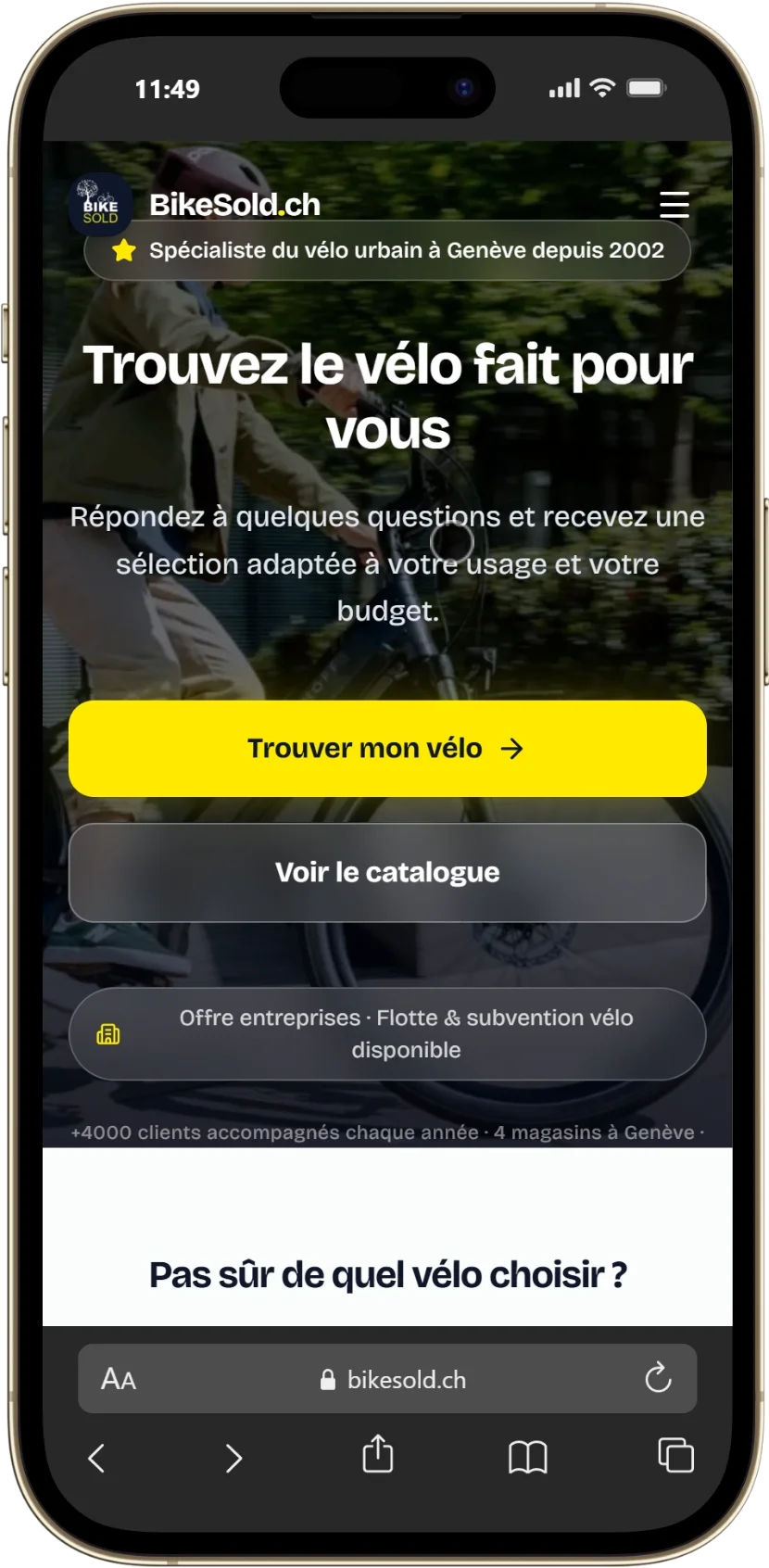 BIKE SOLD sur mobile : Page d'accueil