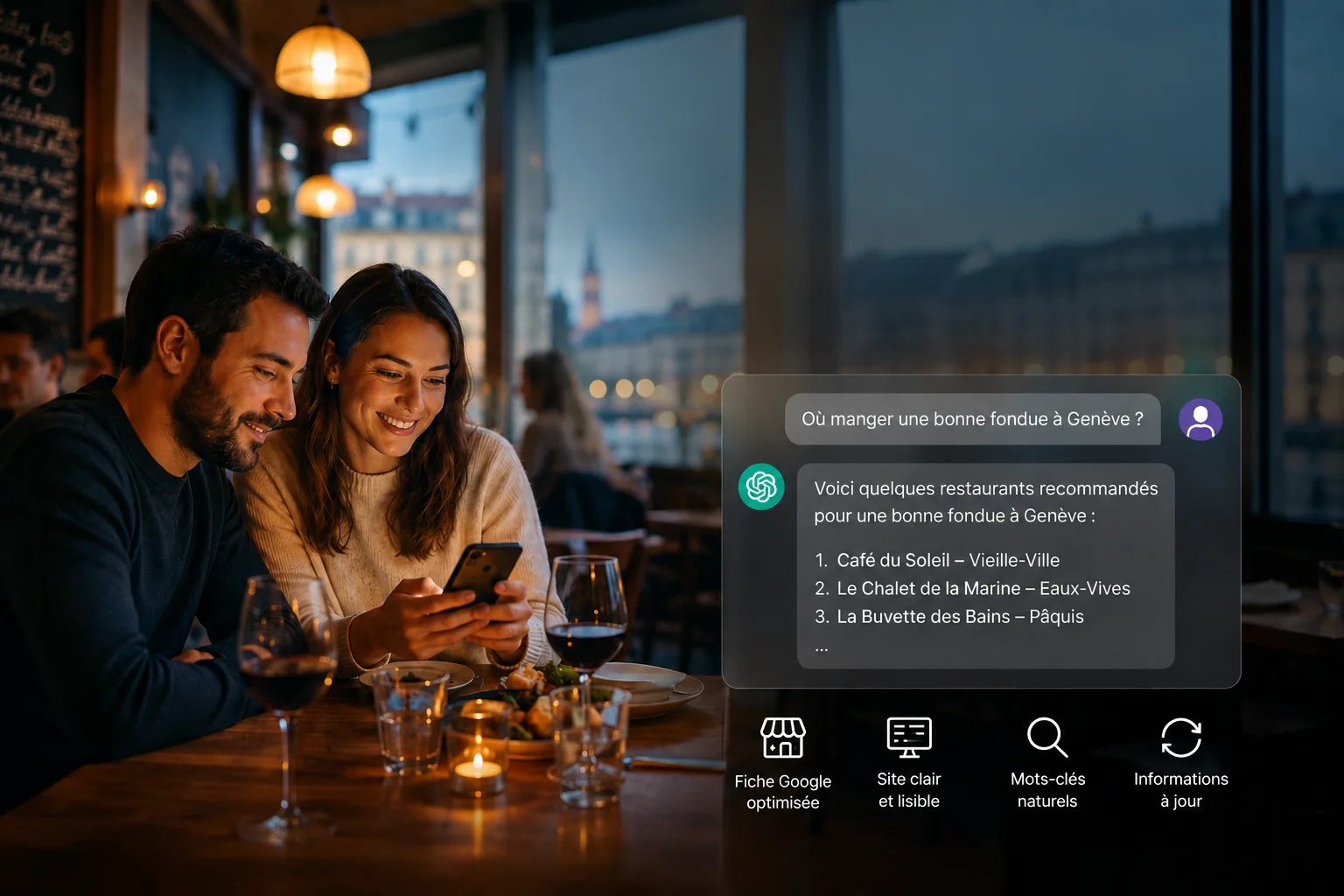 Couple consultant ChatGPT pour trouver un restaurant à Genève