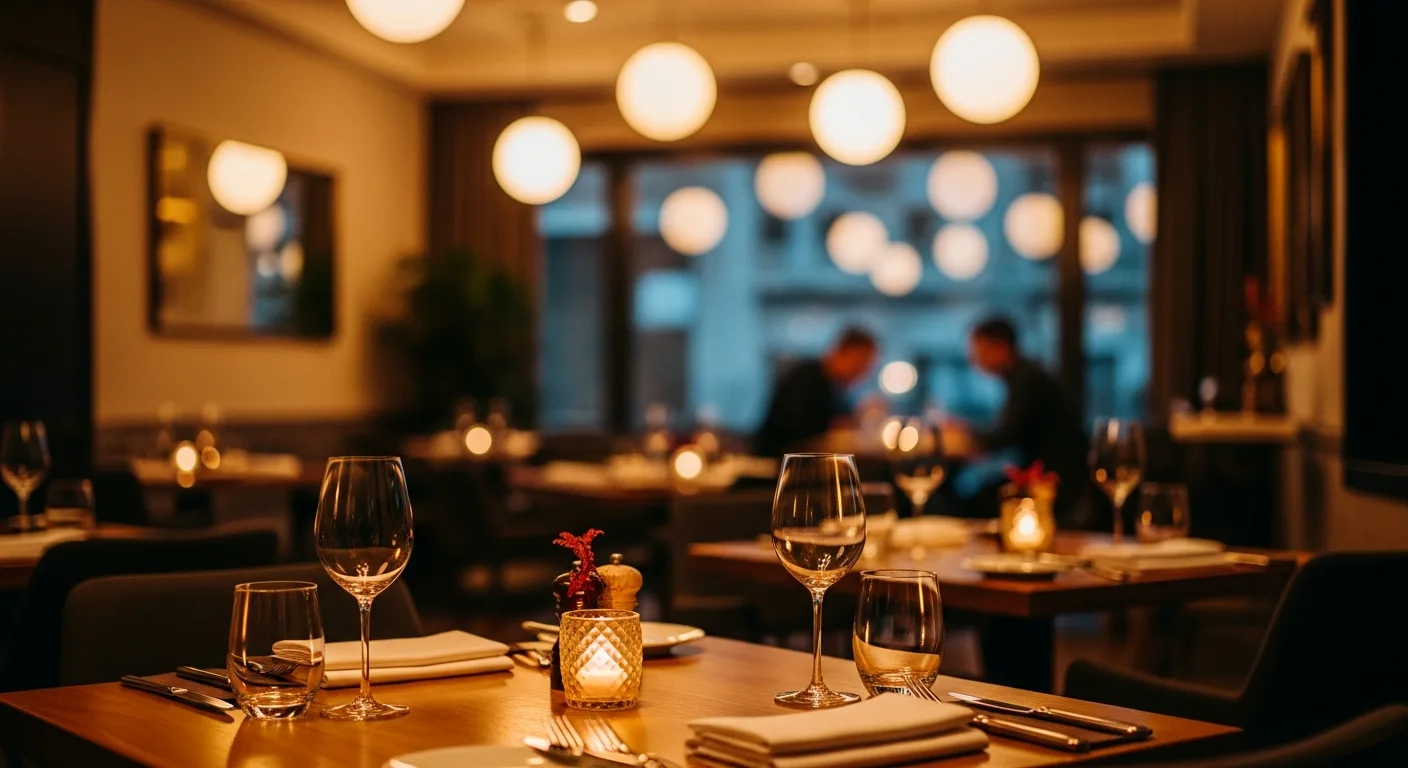 Ambiance chaleureuse d'un restaurant à Genève, table dressée en soirée